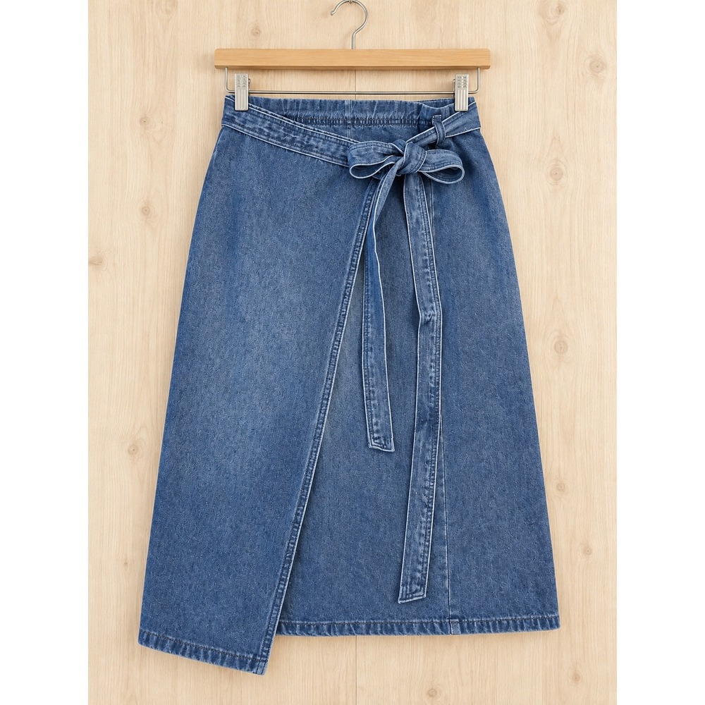 Chartou Womens Denim Wrap Midi Skirt Medium Wash Blue Tie Waist Large NEW